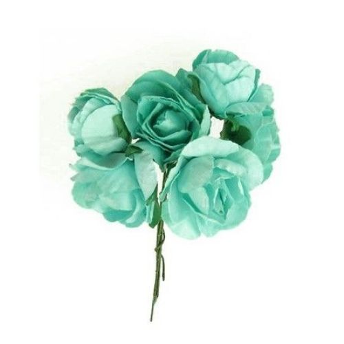 Bouquet of paper Roses with wire stems for decoration 30x80 mm turquoise - 6 pieces