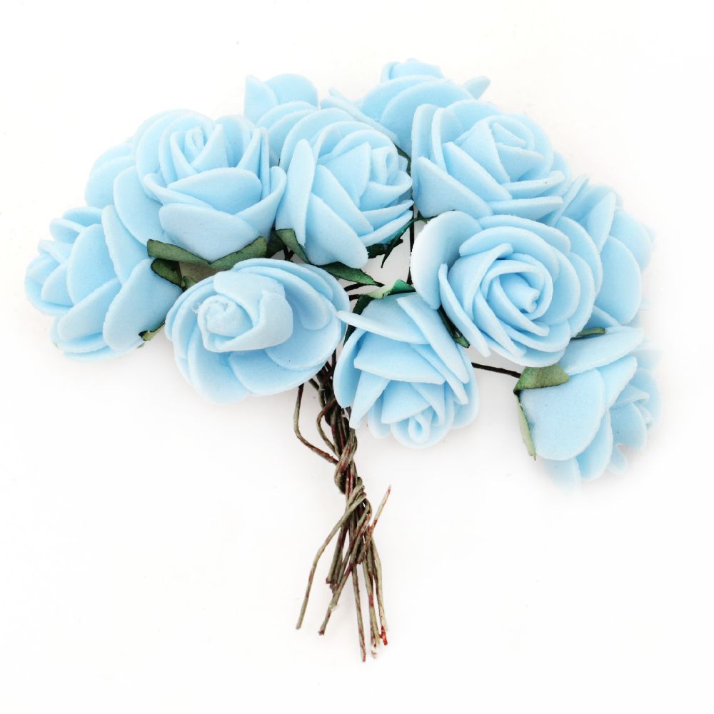 EVA foam Rose bouquet 25x80 mm with wire stems, blue - 12 pieces