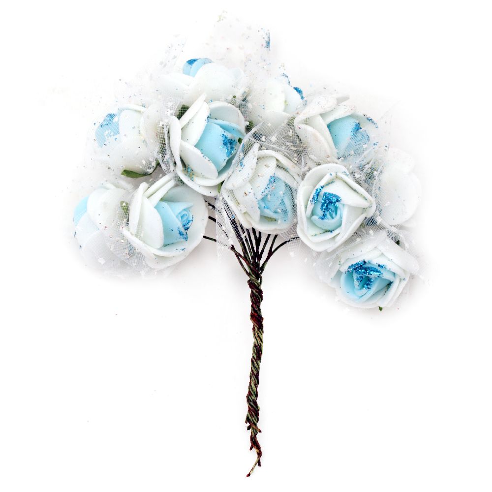 Букет от гумирани рози с органза и брокат цвят бял и син 25 мм -12 броя