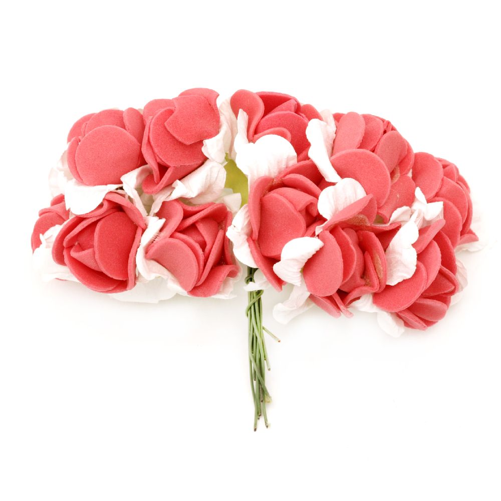 Rose bouquet of paper and EVA foam for decoration of festive cards, frames, albums 25x20 mm red with white - 12 pieces