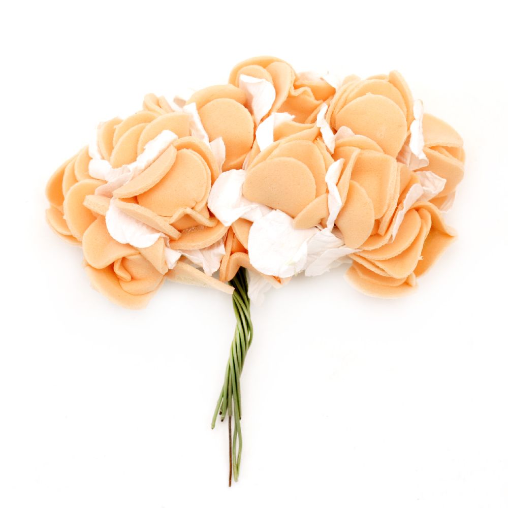 Rose bouquet of paper and EVA foam for handmade home decoration 25x20 mm orange with white - 12 pieces