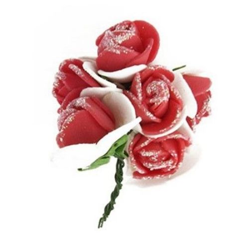 EVA Foam Rose bouquet with glitter for home decor projects 20x80 and wire stems, red with white - 6 pieces