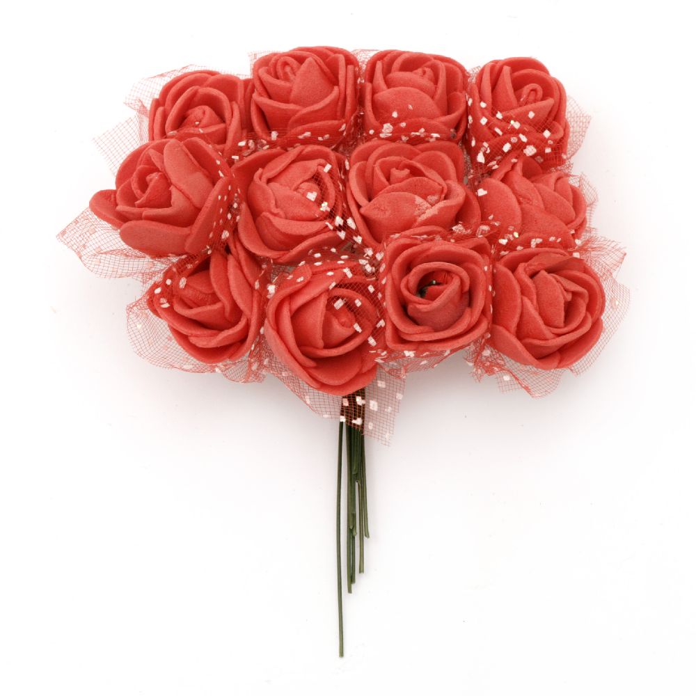 EVA Foam and organza Rose bouquet for embellishment of tiaras, hairpins 25x80 mm with wire stems, red - 12 pieces