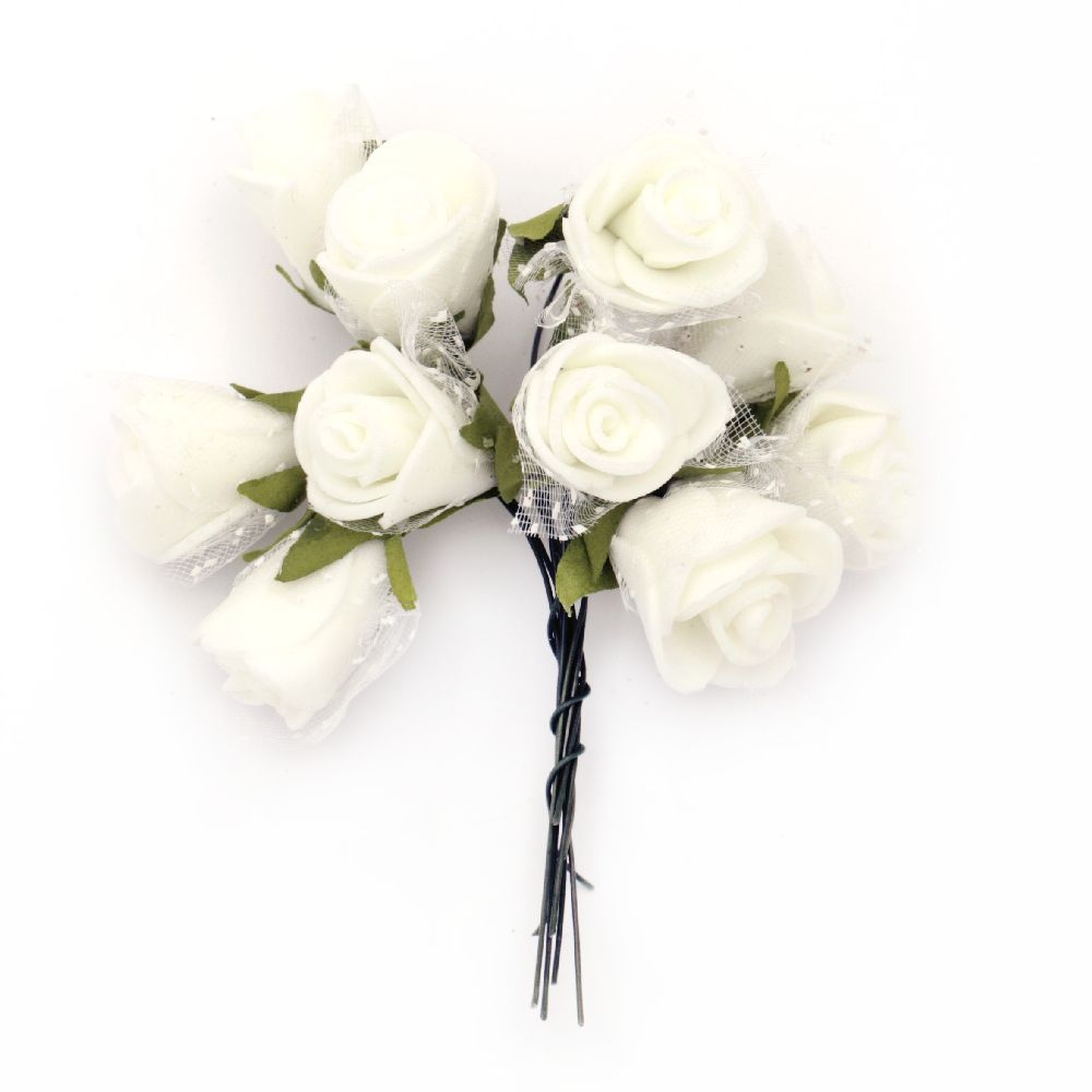 Buchet trandafir 20x90 mm cauciuc și organza alb -10 bucăți