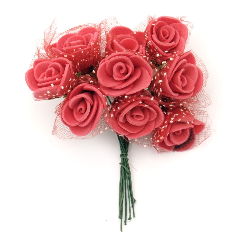 Rose bouquet with wire stems for festive table decoration 20x90 mm rubber and organza red - 10 pieces