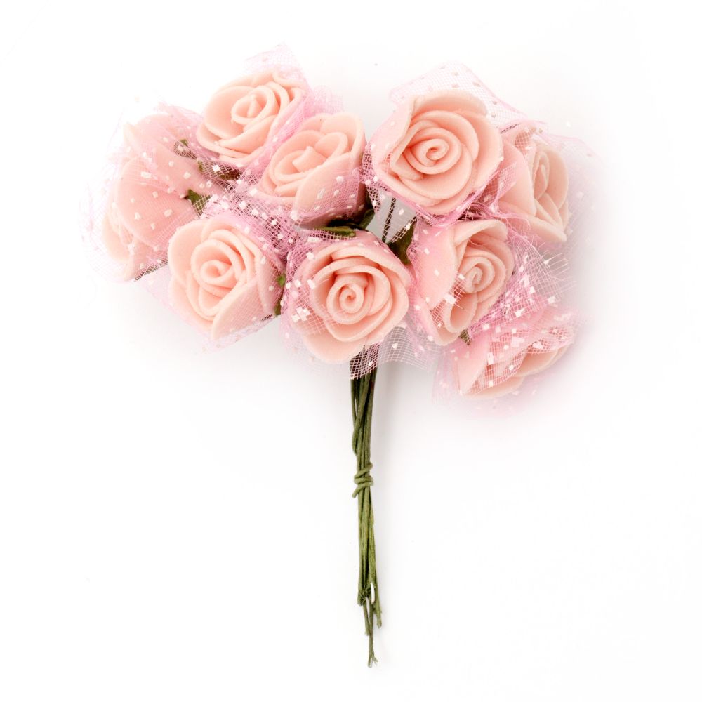 Buchet trandafir 20x90 mm cauciuc și organza roz deschis -10 bucăți