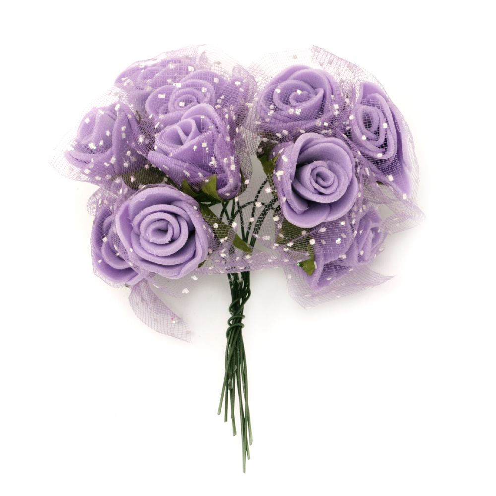 Rose bouquet for festive table decoration 20x90 mm rubber and organza, purple - 10 pieces