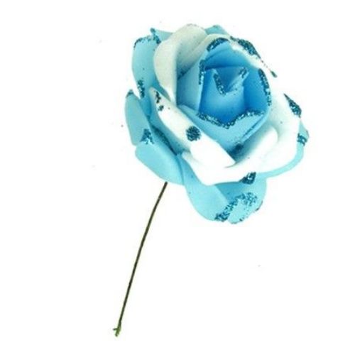 Гумирана роза с брокат цвят светло син 50 мм