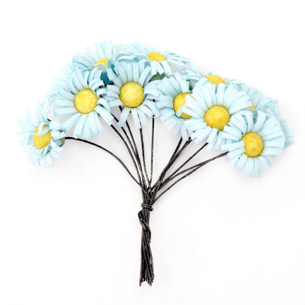 Decorative Flowers - Textile and Wire / Blue with Yellow / 20x80 mm - 10 pieces