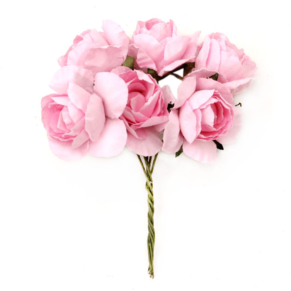 Bouquet of paper Roses with wire stems for decoration 30x80 mm pink - 6 pieces