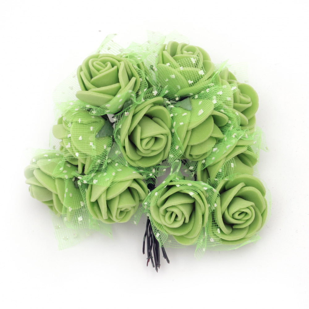 EVA Foam and organza Rose bouquet 25x80 mm with Wire Stems, green - 12 pieces