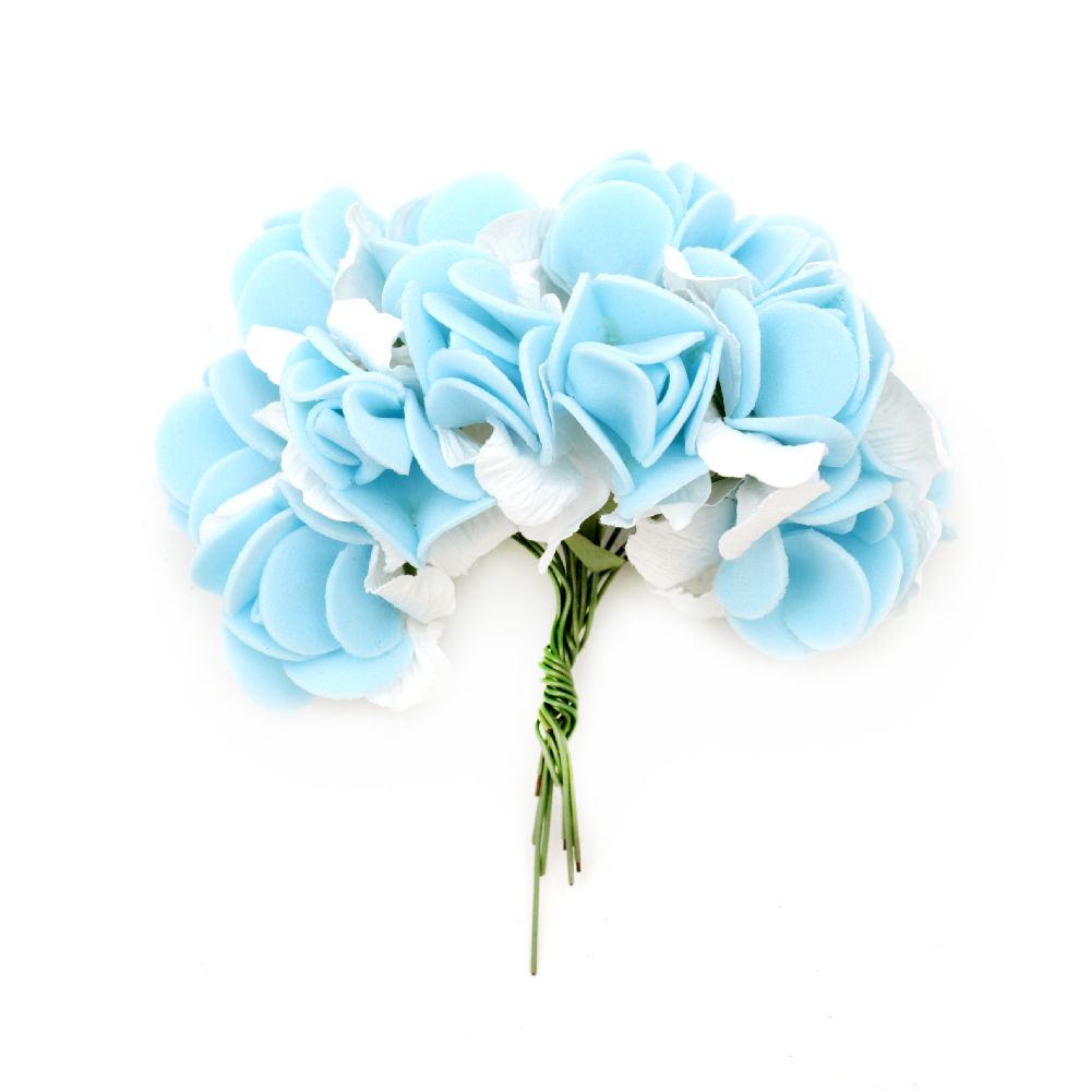 Rose bouquet of paper and rubber for scrapbook projects, decoration of boxes 25x20 mm blue with white -12 pieces