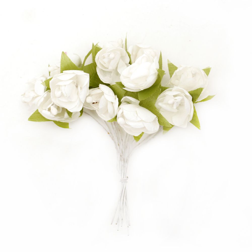 Bouquet of paper Roses with leaves 20 mm white - 12 pieces