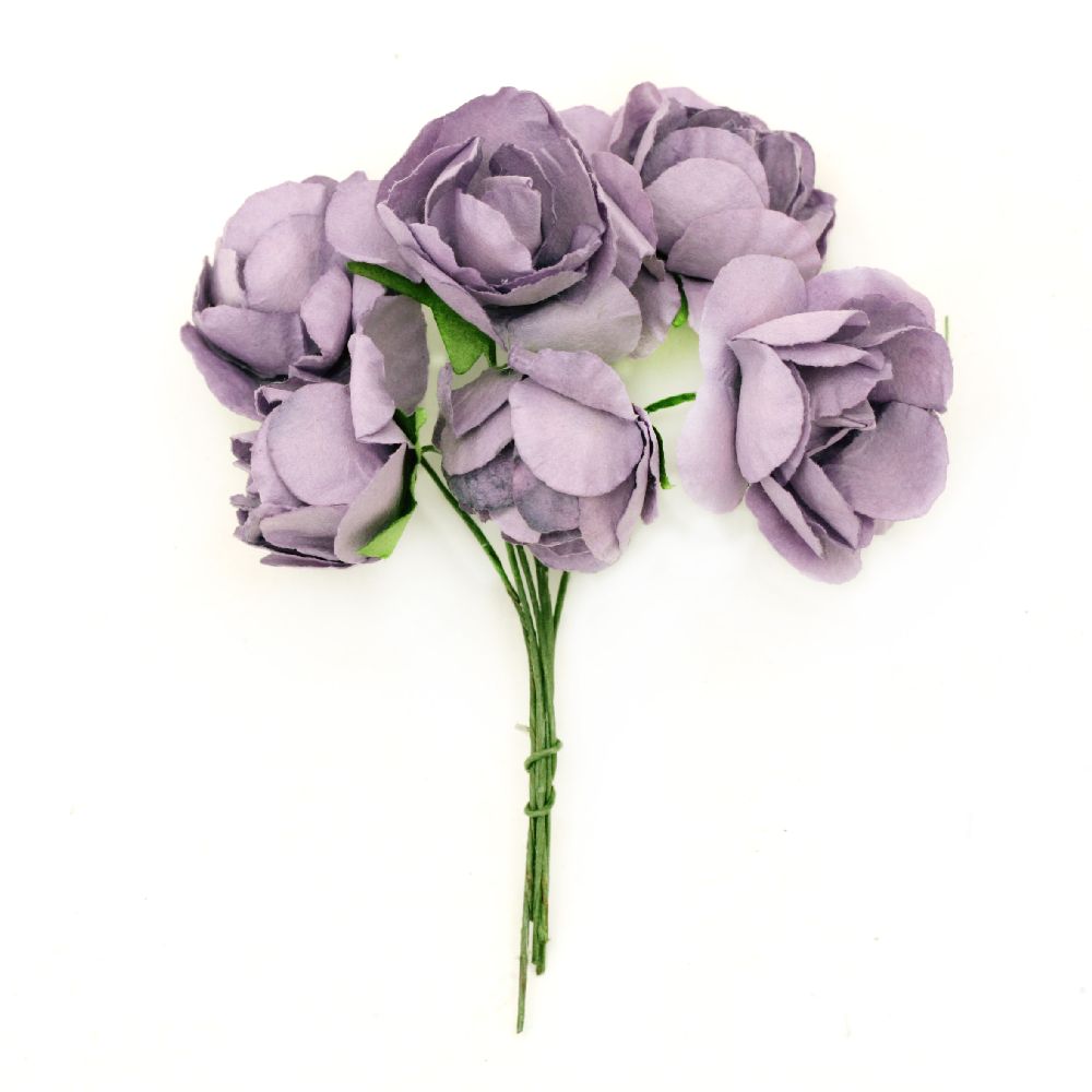 Bouquet of paper Roses with wire stems for decoration 30x80 mm purple - 6 pieces