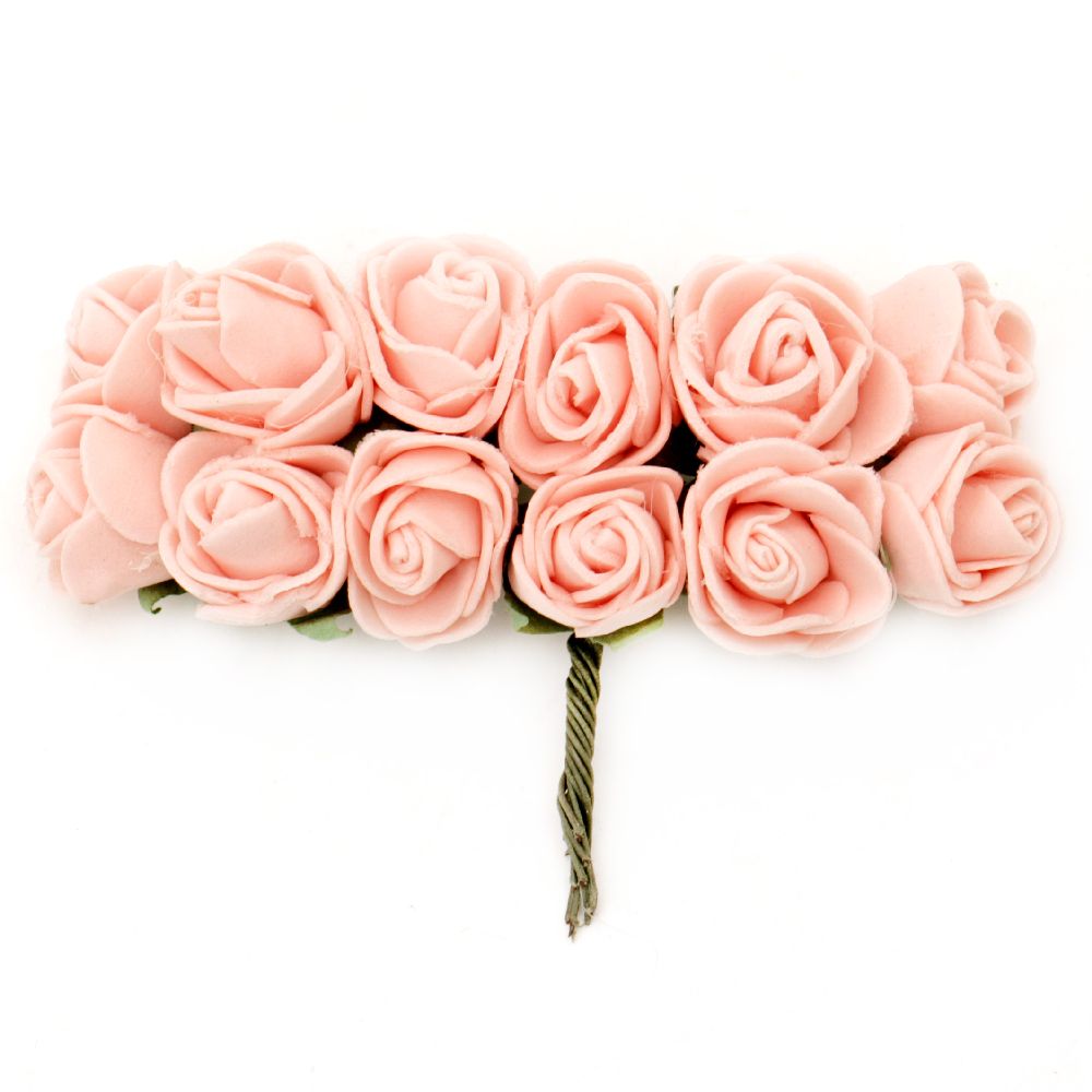 Букет от гумирани рози и тел цвят праскова 20x90 мм -12 броя