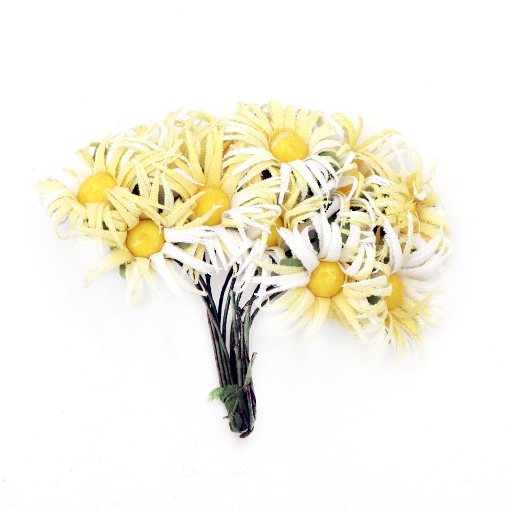 Artificial daisy bouquet from textile for decorations of albums, frames 25x90 mm white and yellow - 12 pieces