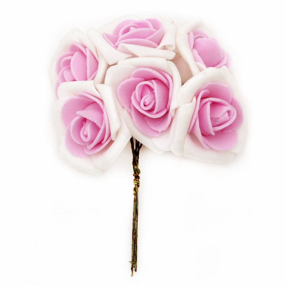 Букет от гумирани рози цвят бял и розов 35x110 мм -6 броя