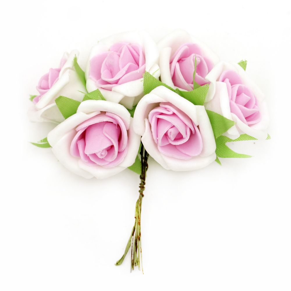 Букет от гумирани рози цвят бял и розов 35x110 мм -6 броя
