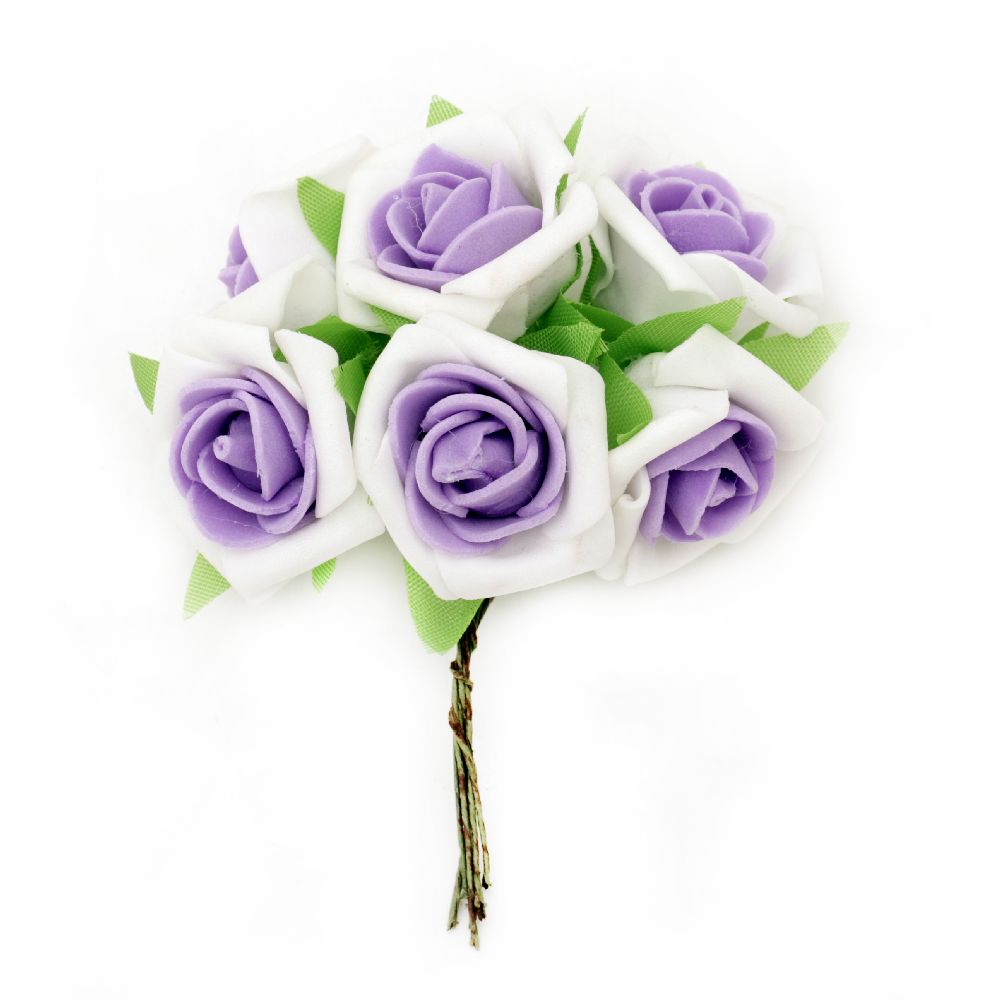 Bouquet of Foam Roses for Greeting Cards, Wreaths, Hair Accessories / White and Purple / 35x110 mm - 6 pieces