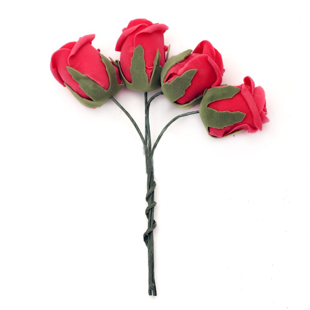 Букет от гумирани рози цвят червен 40x45 мм дръжка 130 мм -4 броя