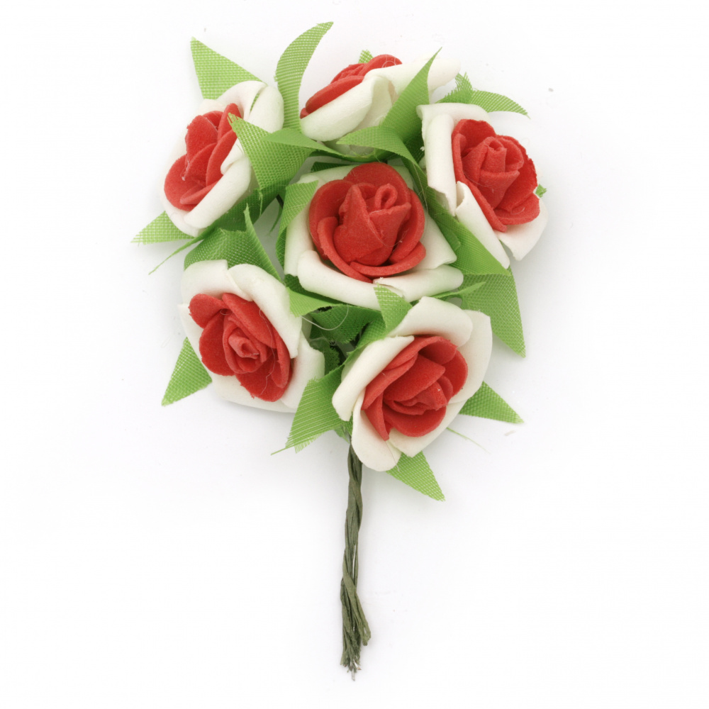 EVA Foam Rose bouquet with leaves 25x90 mm with Wire Stems, white red - 6 pieces