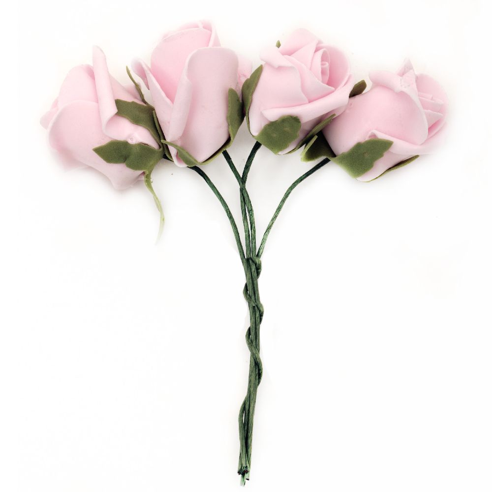 EVA Foam Rose Bouquet Artificial 40x45 mm Wire Stick 130 mm pink light - 4 pieces, DIY Arts, Wedding Decoration 