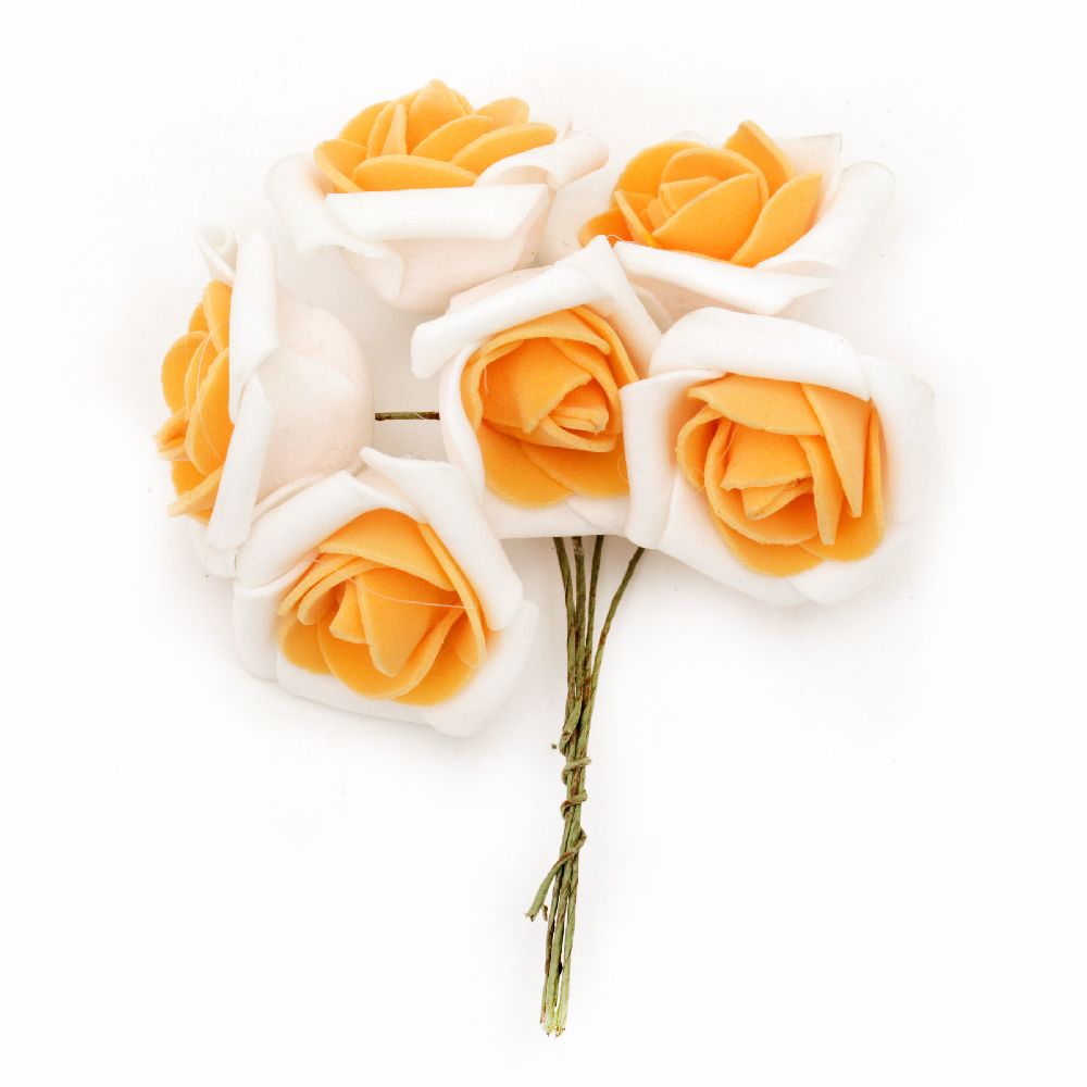 Букет от гумирани рози цвят бял и оранжев 35x110 мм -6 броя