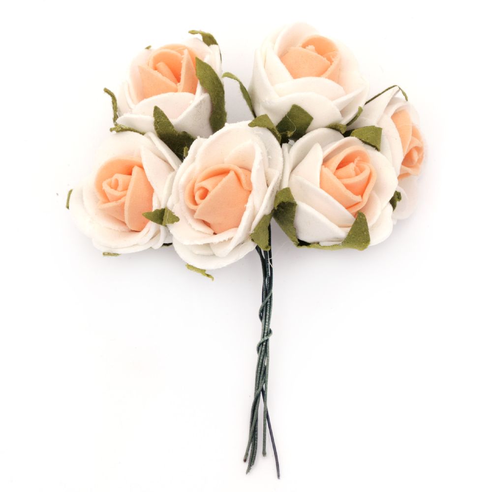 EVA Foam Rose bouquet for art decoration 25x90 mm with wire stems, white orange - 6 pieces