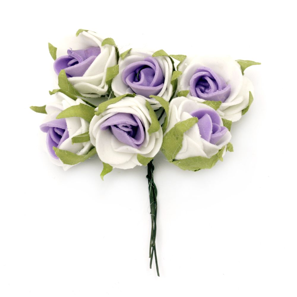 EVA Foam Rose bouquet 25x90 mm with wire stems,  white purple - 6 pieces