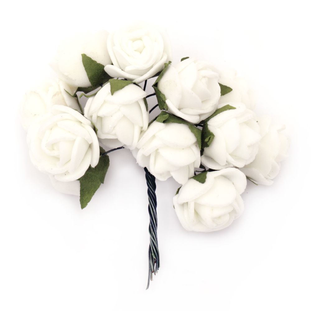 EVA Foam Rose bouquet 20x85 mm with wire stems, white - 12 pieces