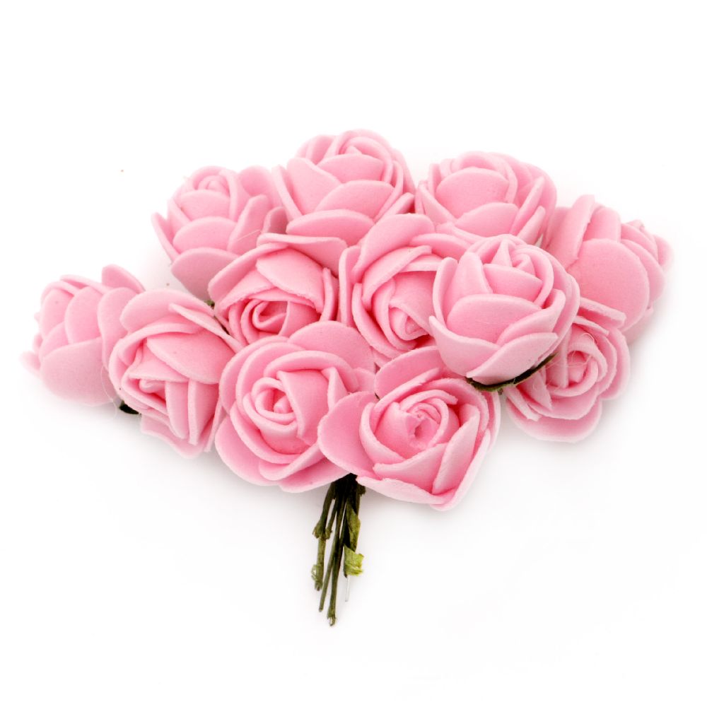 Buchet trandafir 20x85 mm cauciuc și sârmă roz -12 bucăți