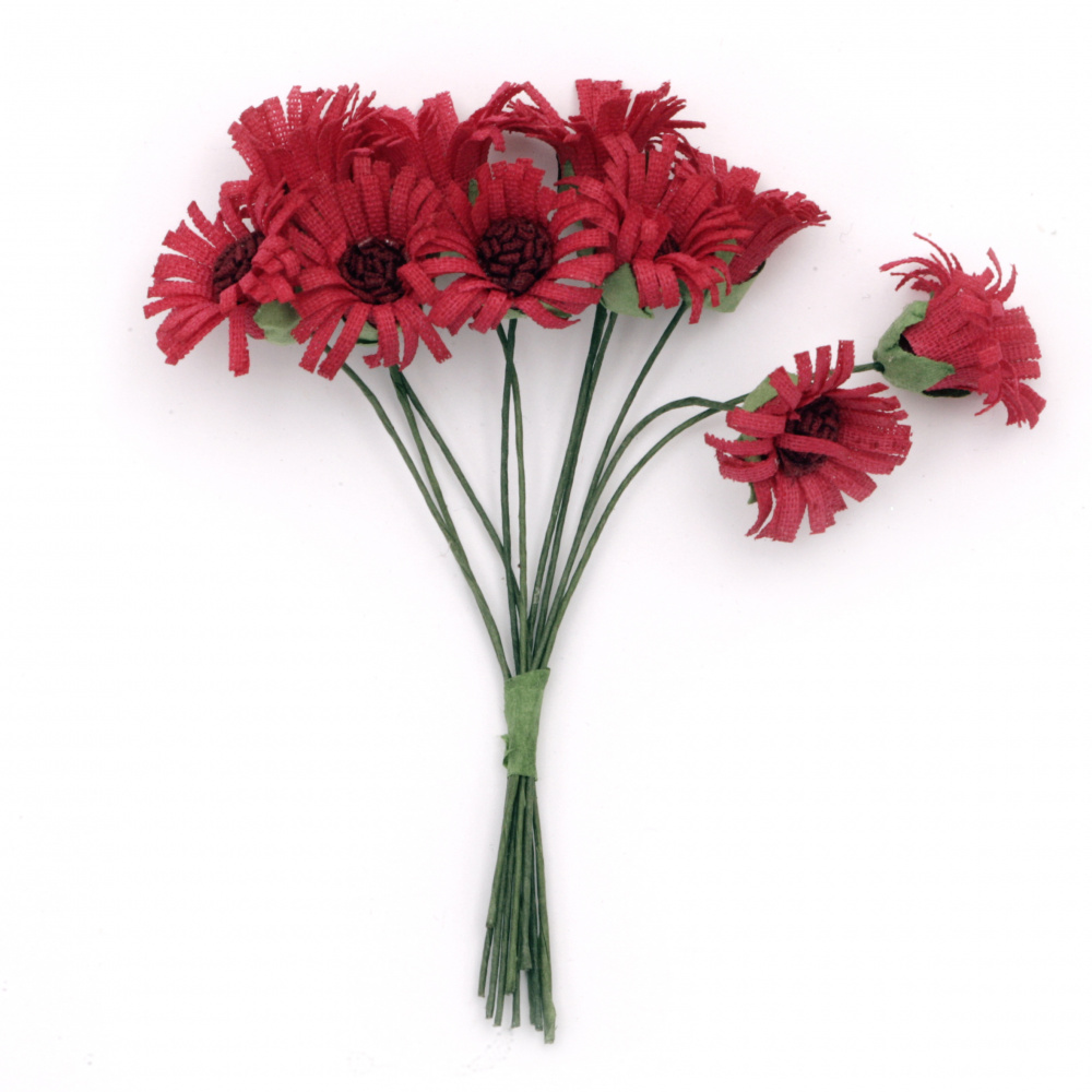 Букет цветя от текстил и тел цвят червен 20x90 мм -10 броя
