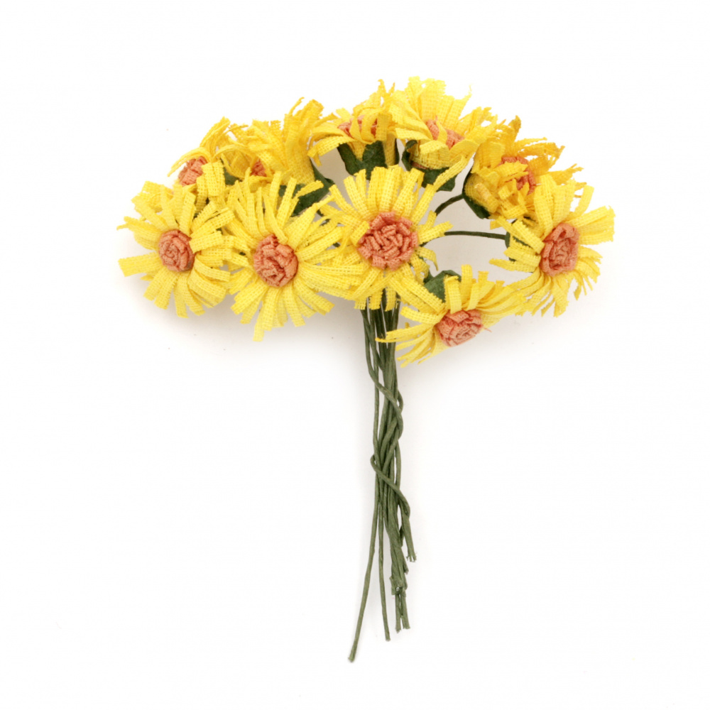 Букет цветя от текстил и тел цвят жълт и оранжев 20x90 мм -10 броя