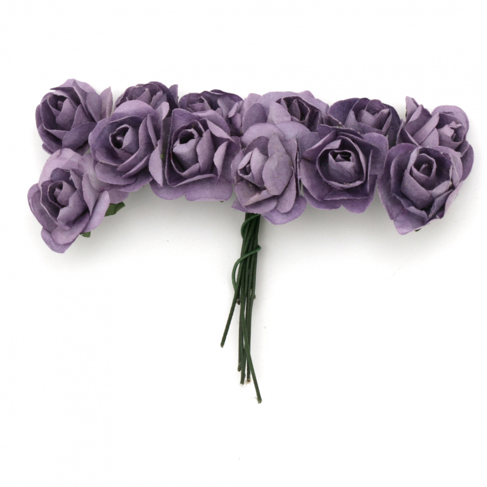 Bouquet of paper Roses with wire stems for decoration 20x80 mm purple - 12 pieces