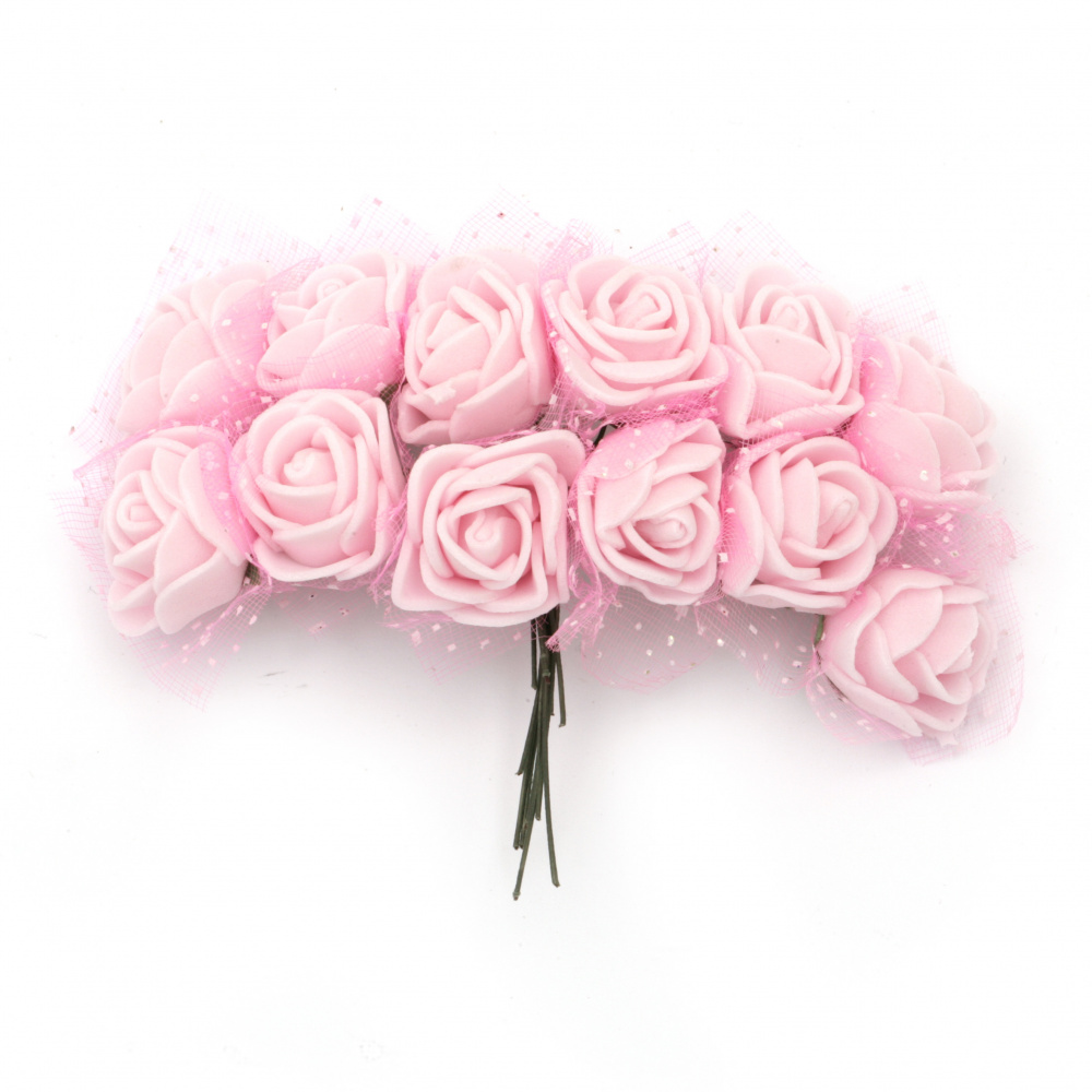 Buchet trandafir 25x80 mm cauciuc organza culoare roz deschis -12 bucăți