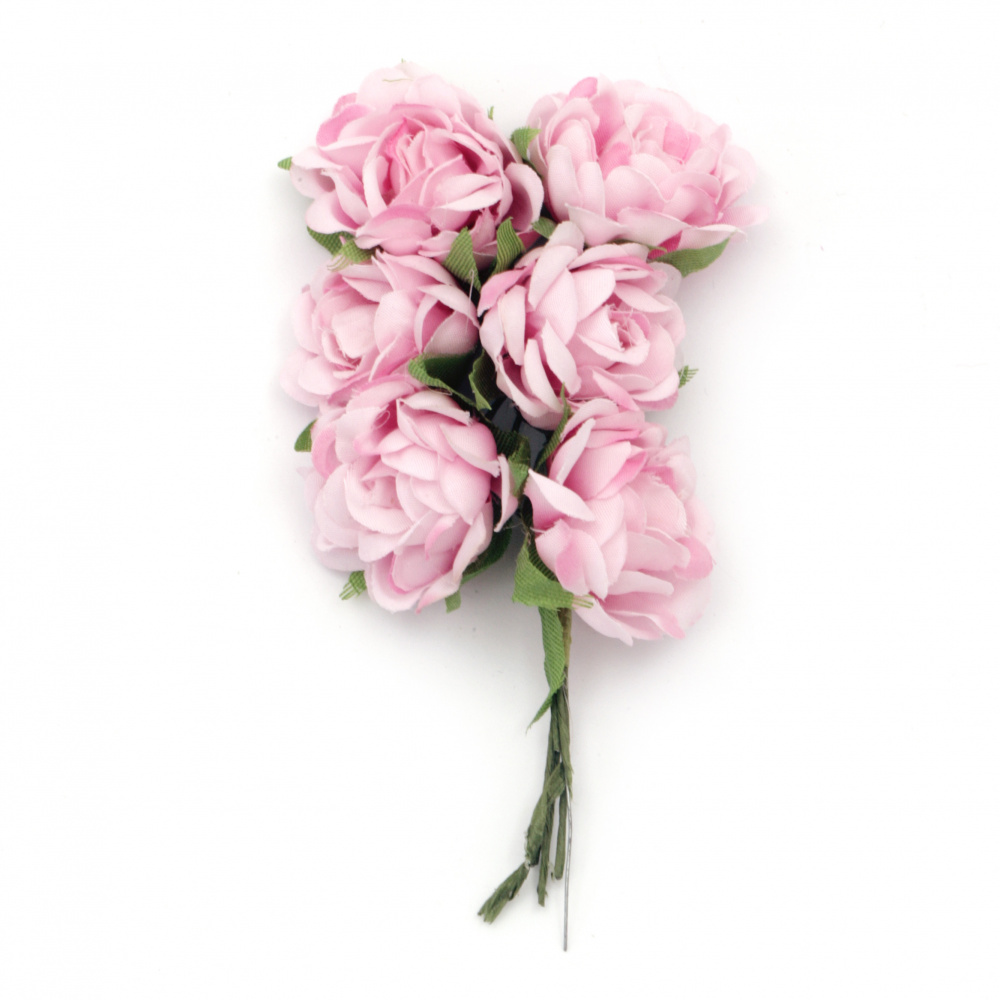 Bouquet of paper Roses with wire stems for decoration 100x35 mm curly, color pink - 6 pieces
