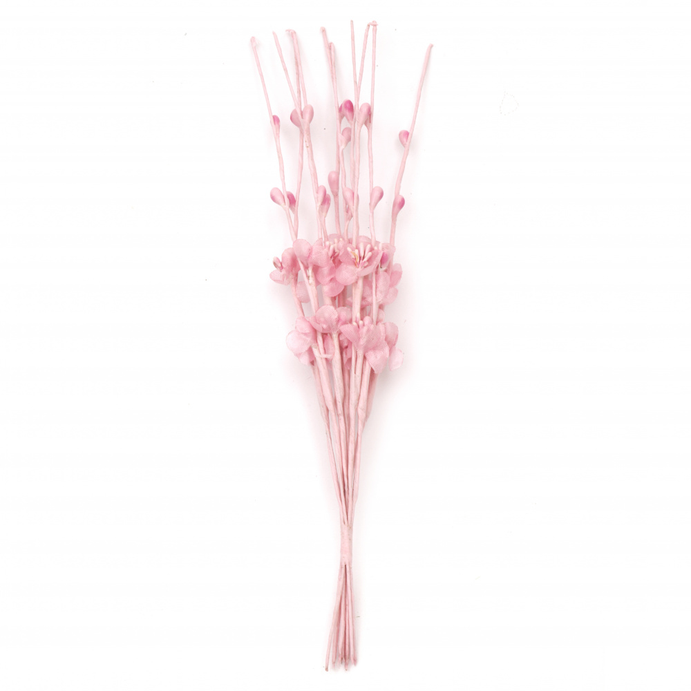 Διακοσμητικά κλαδιά με λουλούδια και μπουμπούκια από οργάντζα 210 mm ροζ -10 τεμάχια