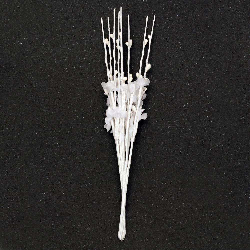 Buchet de crenguțe flori și muguri organza 210 mm culoare alb -10 bucăți