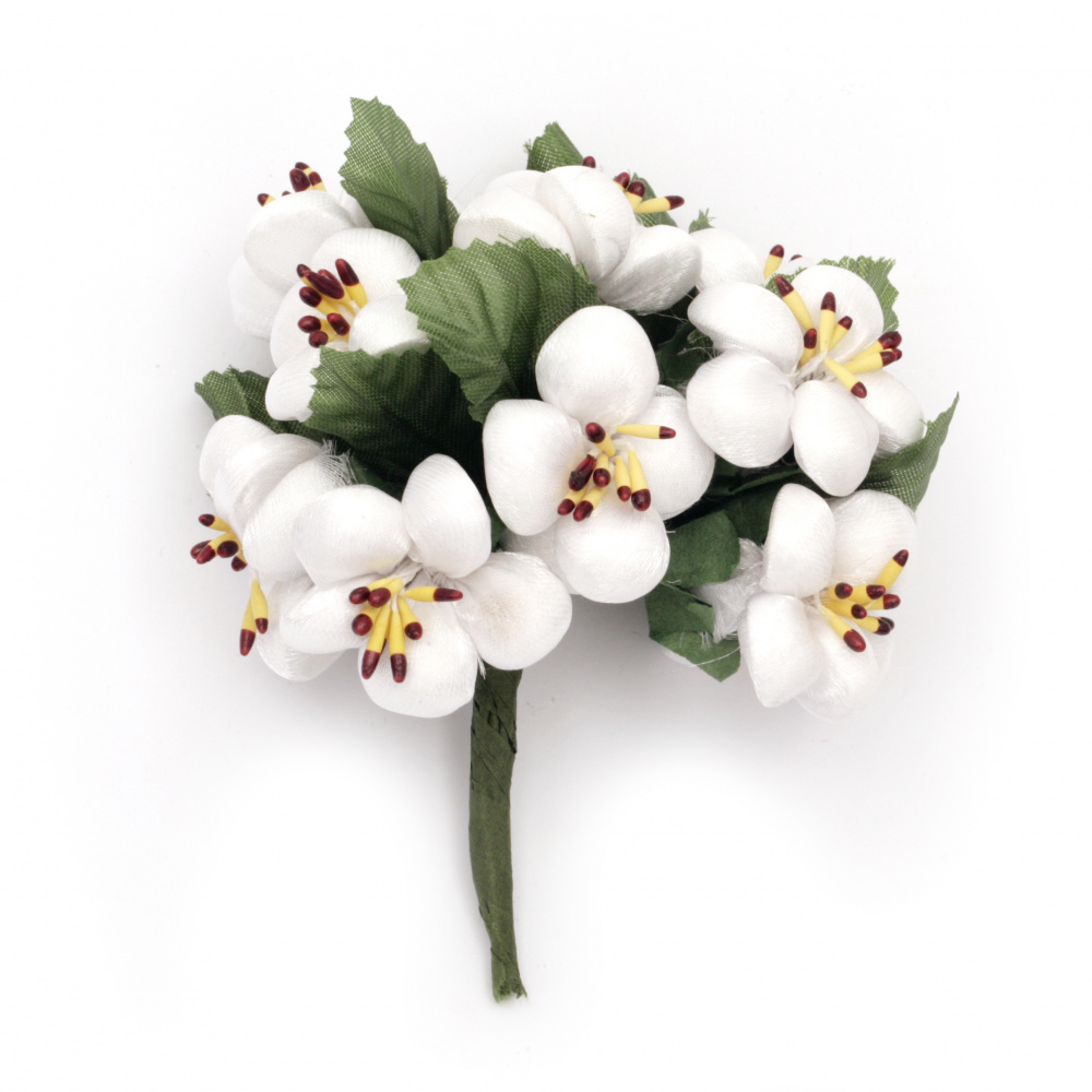 Flower spring bouquet from textile for embellishment of tiaras, hairpins 30x100 mm color white - 10 pieces