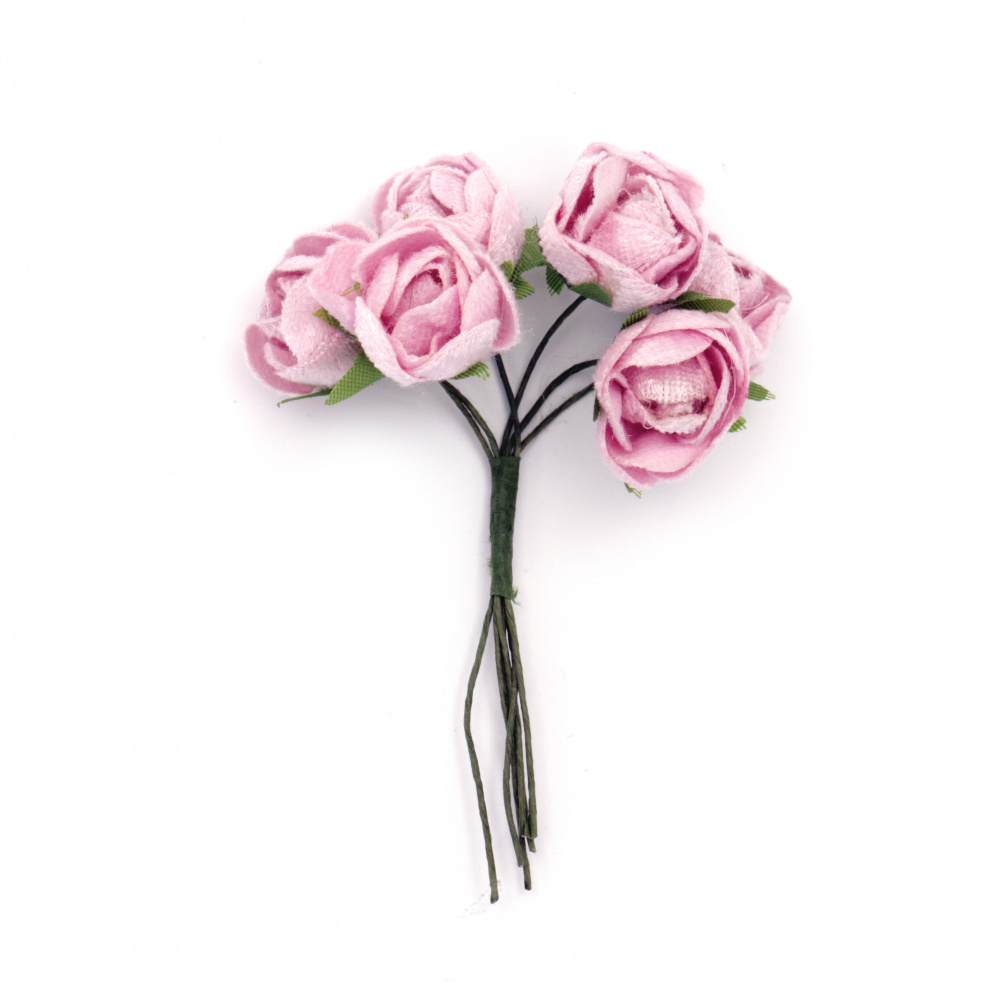 Bouquet of Pink Textile Roses with Wire Stems for Attachment /   20x100 mm - 6 pieces
