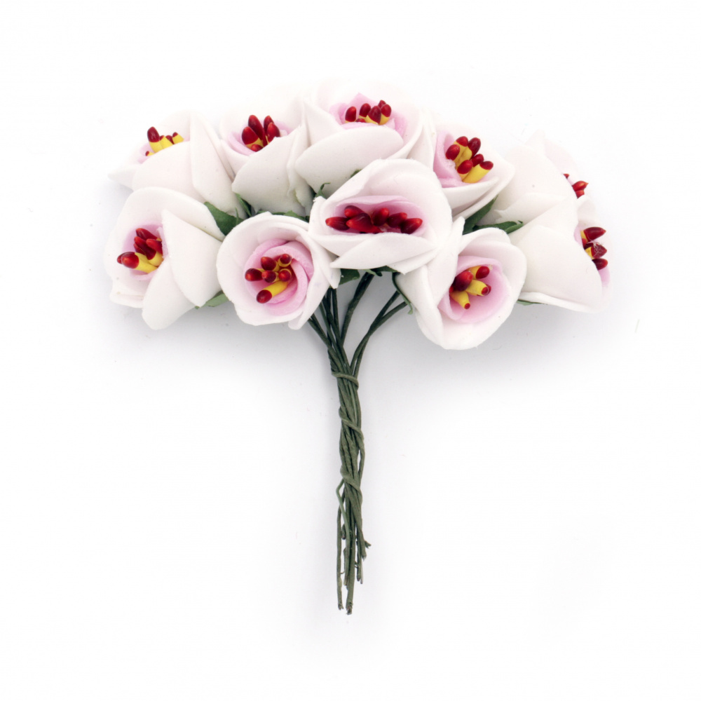 Bouquet of rubber flowers for art decoration, festive cards, candle embellishment 20x100 mm stamen color white and pink - 10 pieces