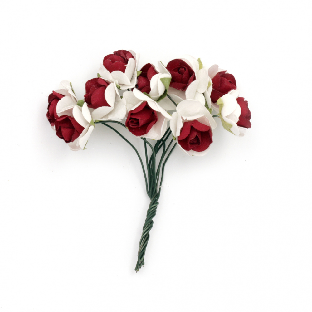 Rose bouquet of paper and wire for embellishment of tiaras, hairpins 15x80 mm white with red - 10 pieces