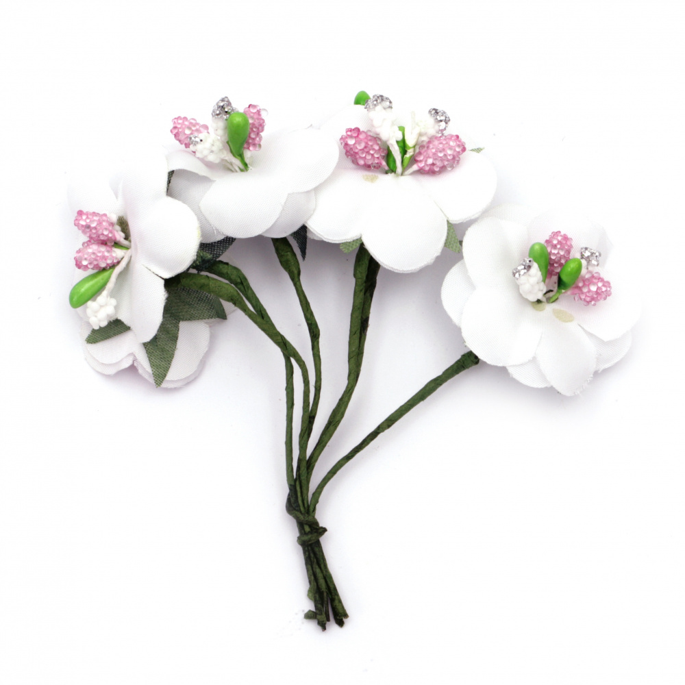 Textile bouquet  Flowers with stamens 30x90 mm color white - 6 pieces