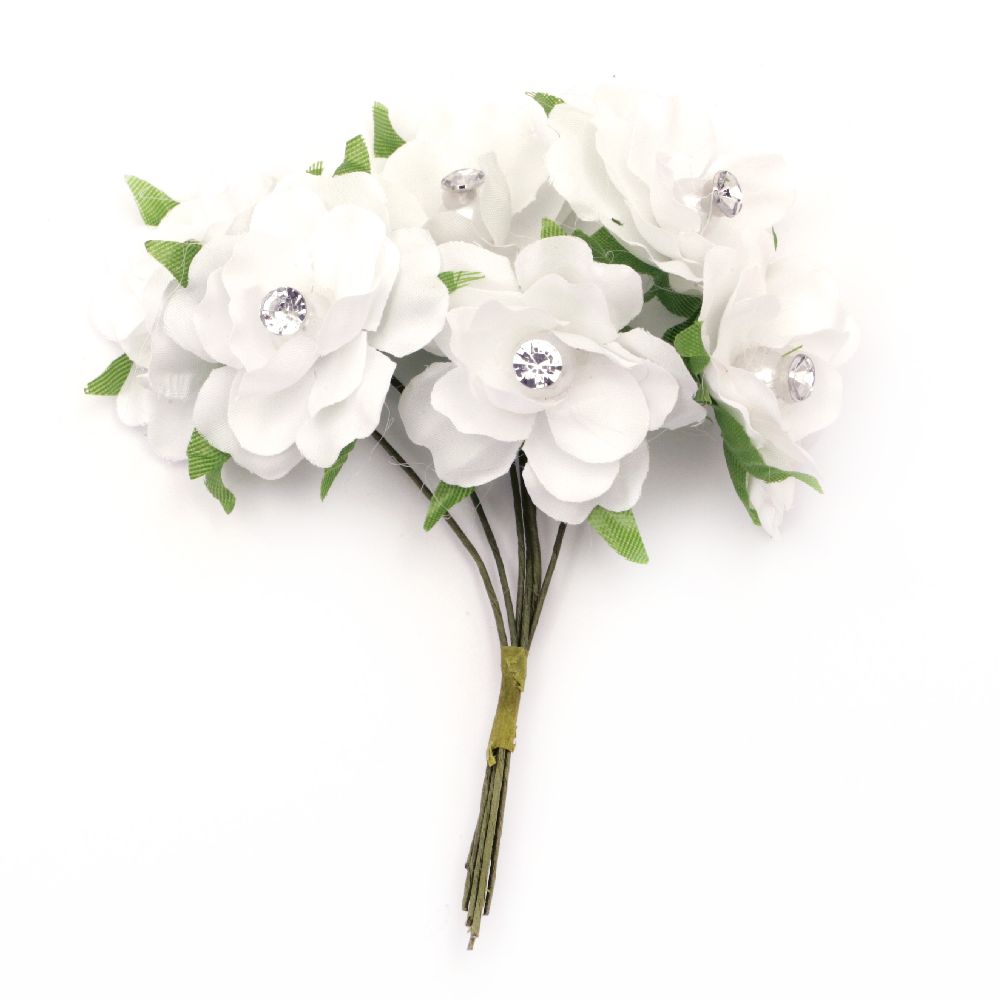 Букет цветя от текстил с кристална перла цвят бял 35x100 мм -6 броя