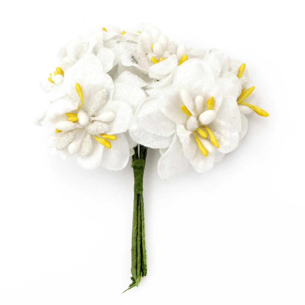 Flower bouquet textile for wedding table decoration, festive cards, albums 40x90 mm stamen white - 6 pieces