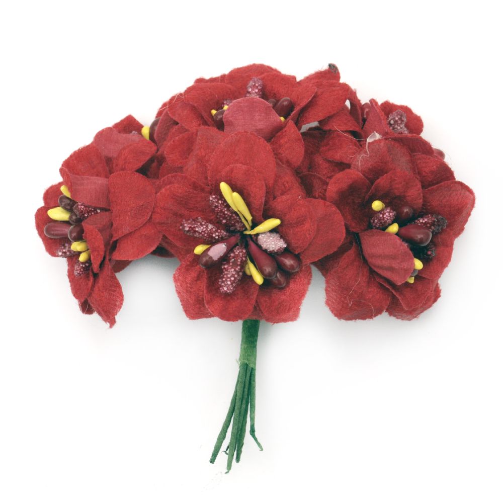 Textile bouquet  Flowers with stamens 40x90 mm color red - 6 pieces