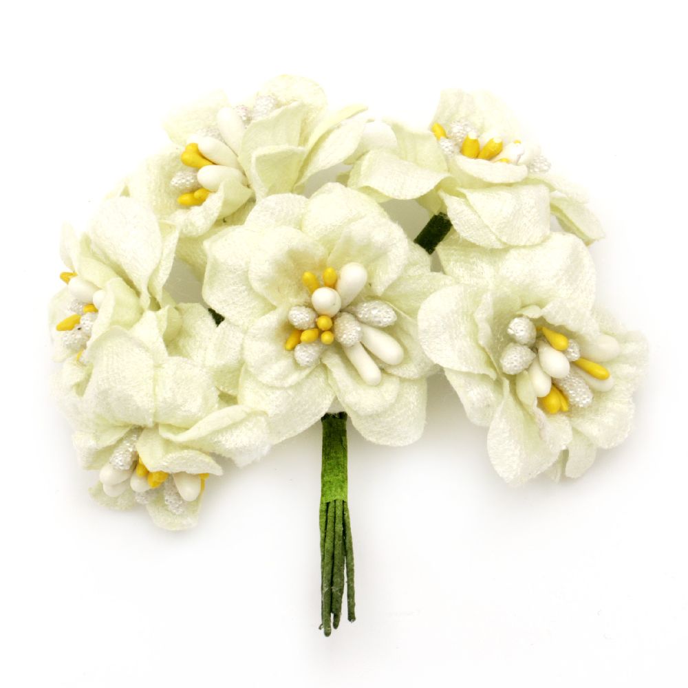 Flower bouquet textile for embellishment of tiaras, hairpins 40x90 mm stamen light yellow - 6 pieces