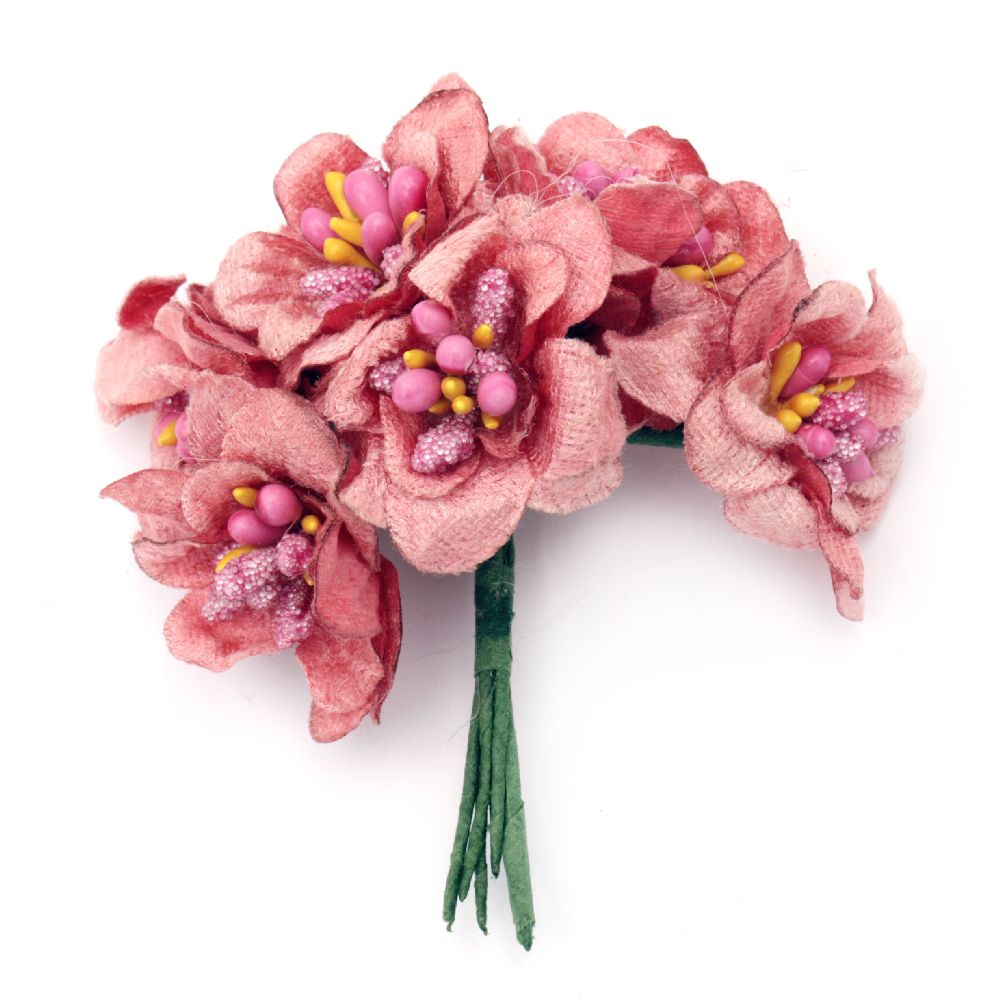 Textile bouquet  Flowers with stamens for embellishment of notebooks, frames, albums 40x90 mm color pink - 6 pieces