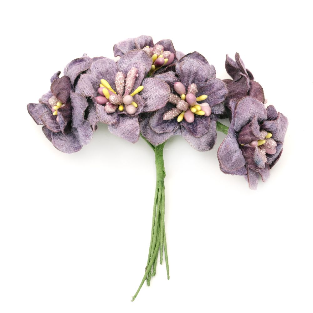 Flower bouquet textile for festive table decoration, greeting cards, albums 40x90 mm stamen purple - 6 pieces