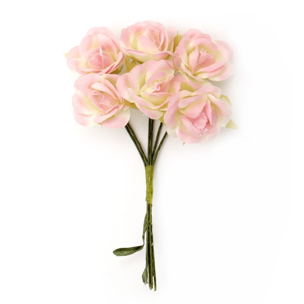 Rose textile bouquet 22x100 mm light pink for festive table decoration, greeting cards, albums - 6 pieces